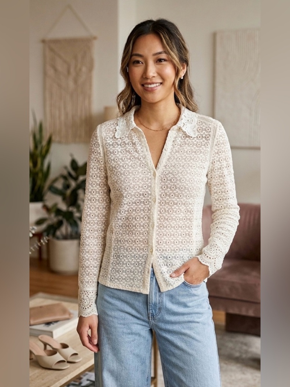 Rebecca Taylor Cream Eyelet Lace Button Down Blouse - Romantic Boho Chic